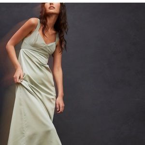 Free People Gia Dress Size  2 Green Satin Bodice Maxi Slinky Tie Back